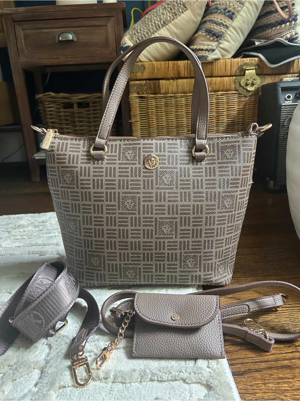 Anne Klein Taupe Patterned Tote Crossbody with Matching webbing Strap & Wallet